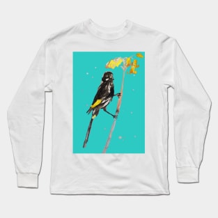 Australian Honeyeater Bird Painting - New Holland on Turquoise Long Sleeve T-Shirt